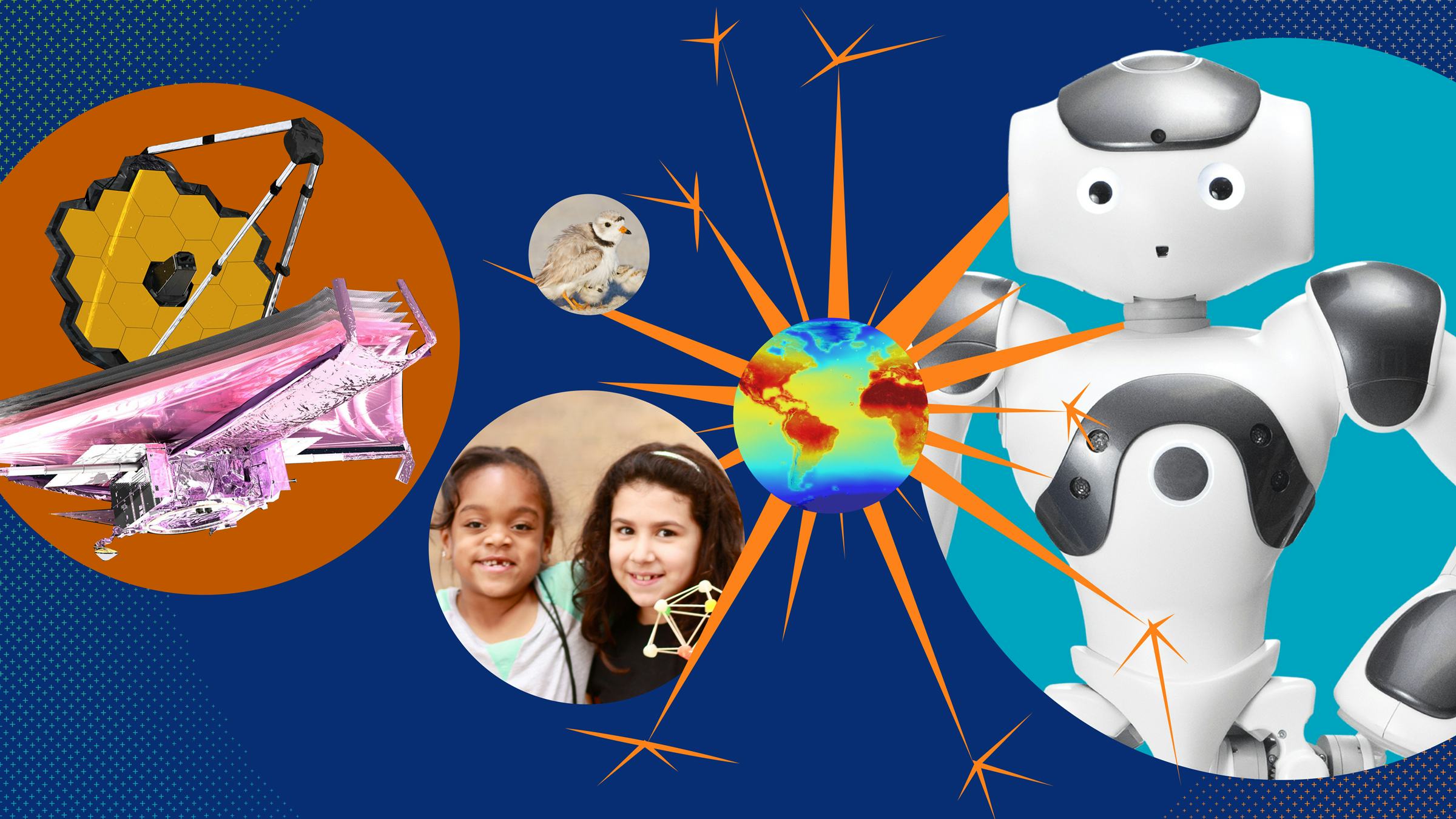 A space telescope, two girls, a planet, a bird and a robot represent science festival events