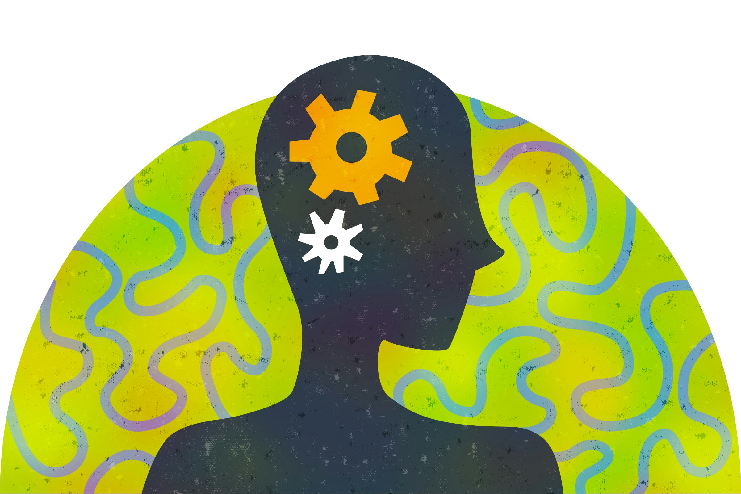 Lyrical illustration of of a person with gears overlapping the brain on a green semicircle