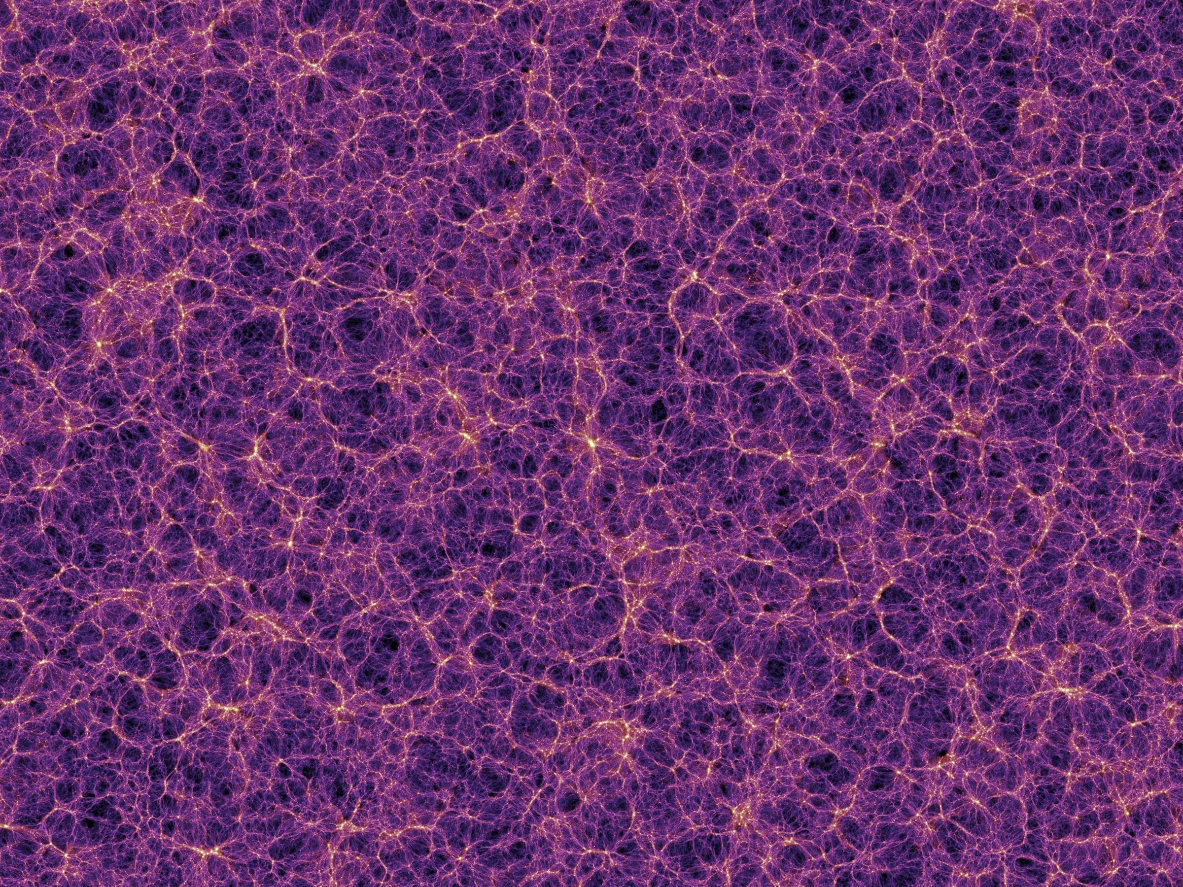 A simulation of the cosmic web of dark matter. An abstract, fibrous fusion of pink and purple lines with yellow highlights. 