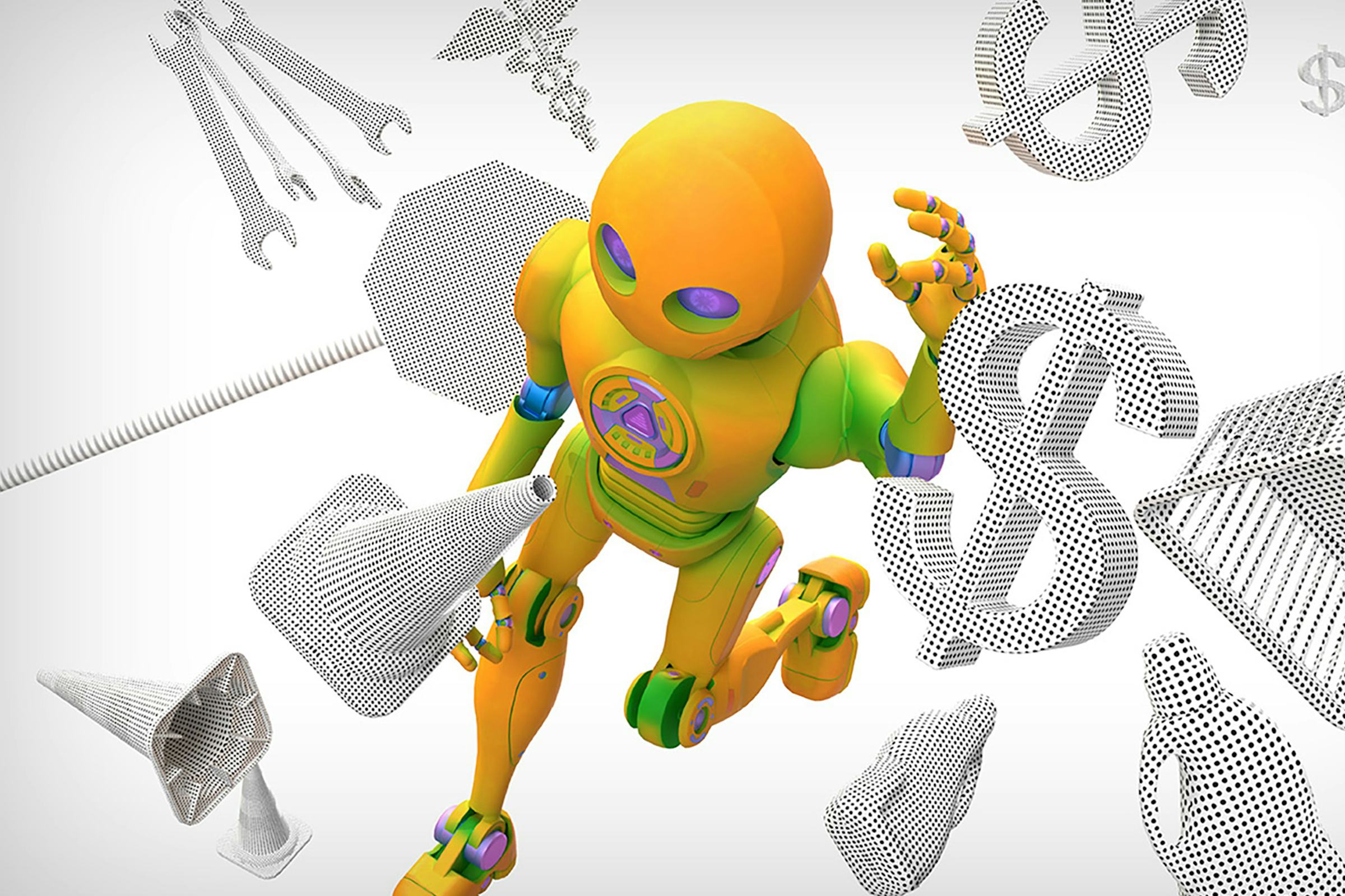 Illustration of a robot walking through a cloud of symbols for money, driving, housekeeping and health care float by