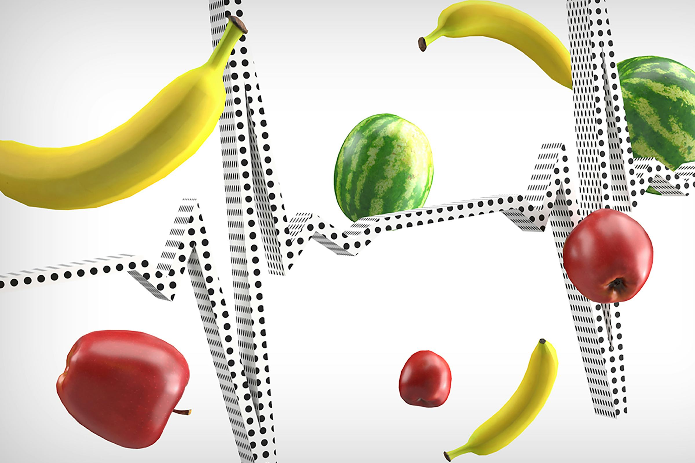 A line indicating a heartbeat moves through a field of floating fruits