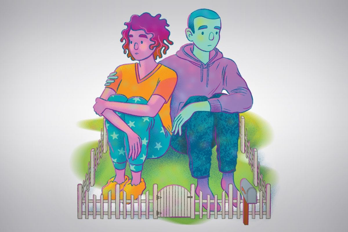 Artist illustration shows a couple with arms around each other surrounded by a picket fence