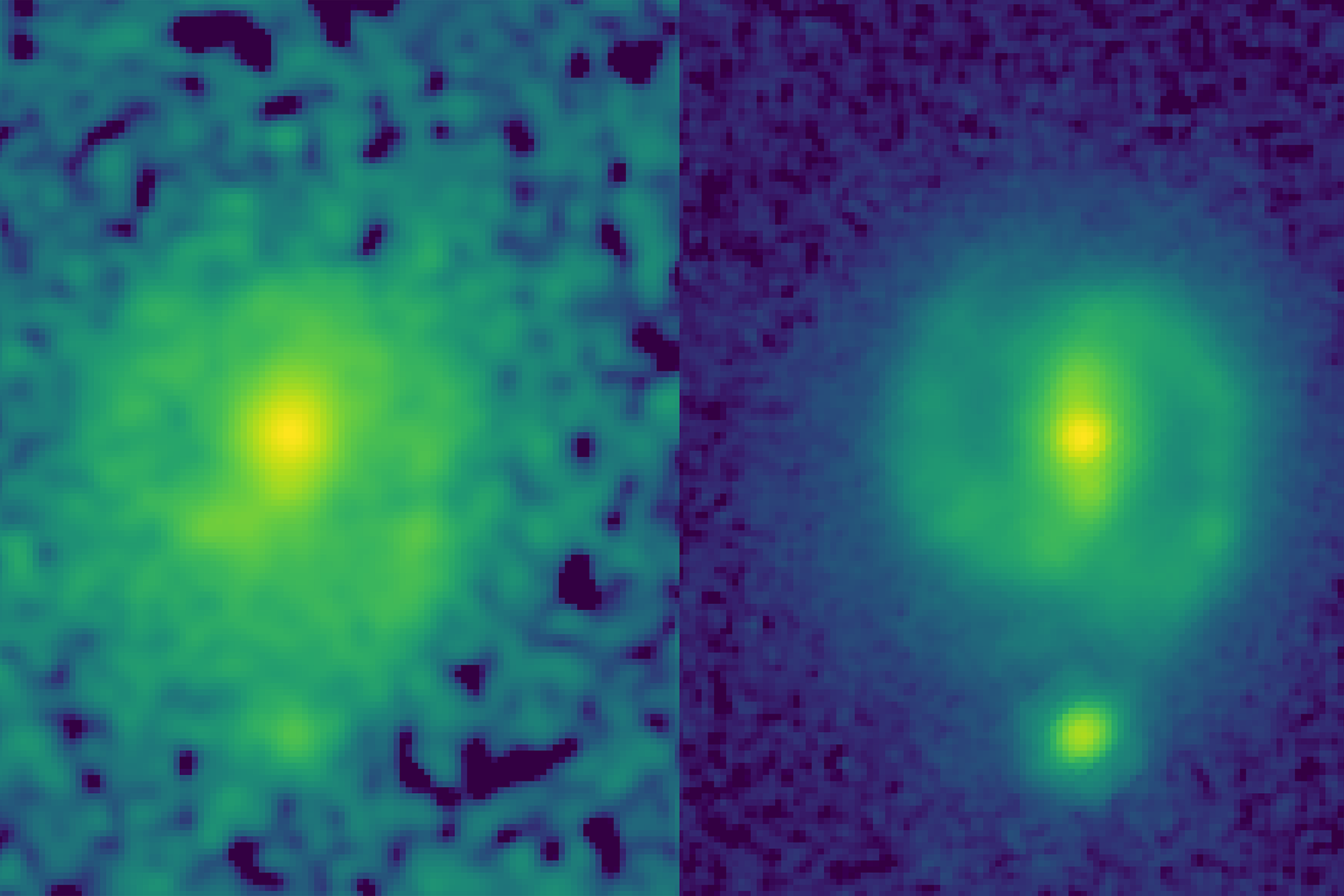 Two images of the same galaxy, one blurry, the other with crisp spiral arms and a central bar