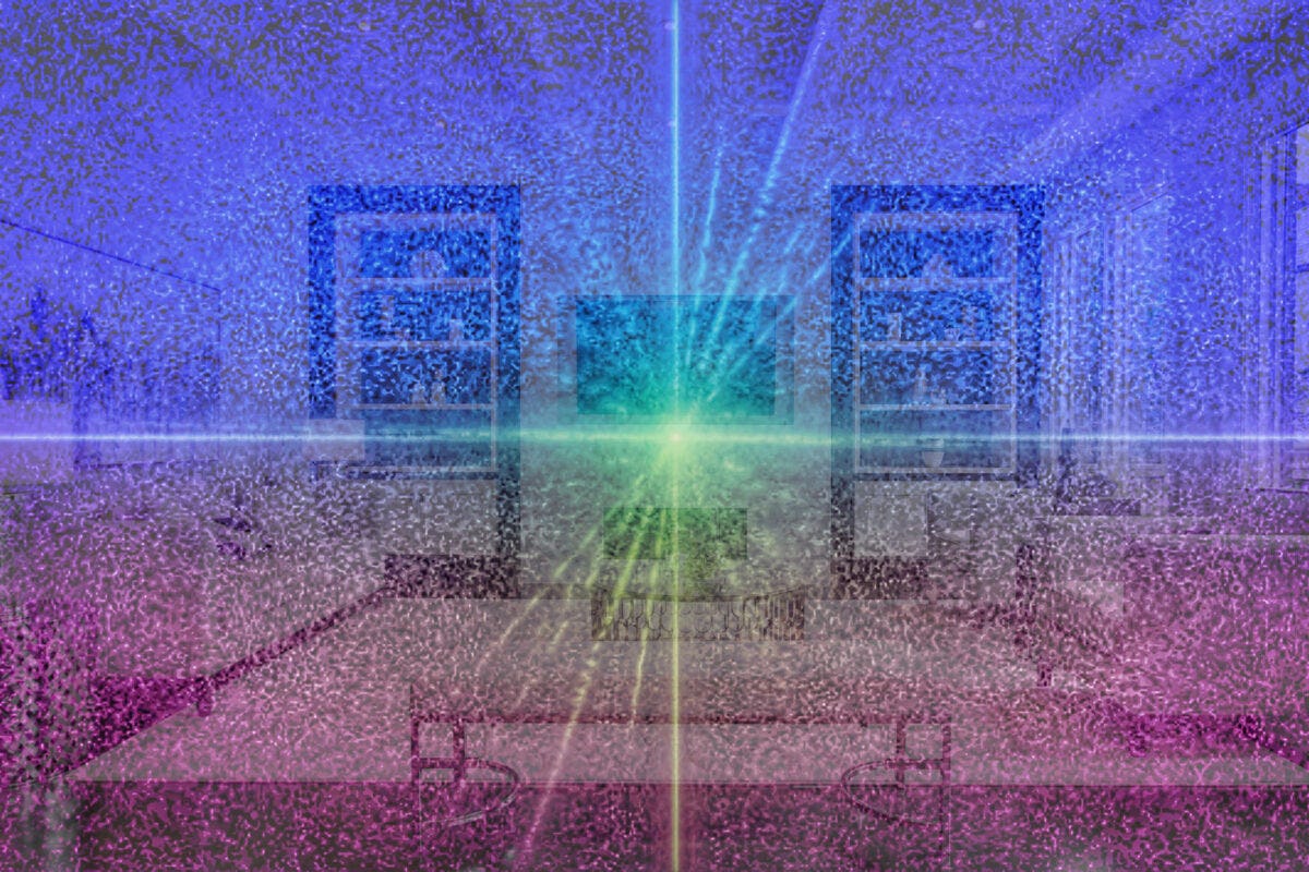 Artist image of a living room with lasers and static superimposed over the top