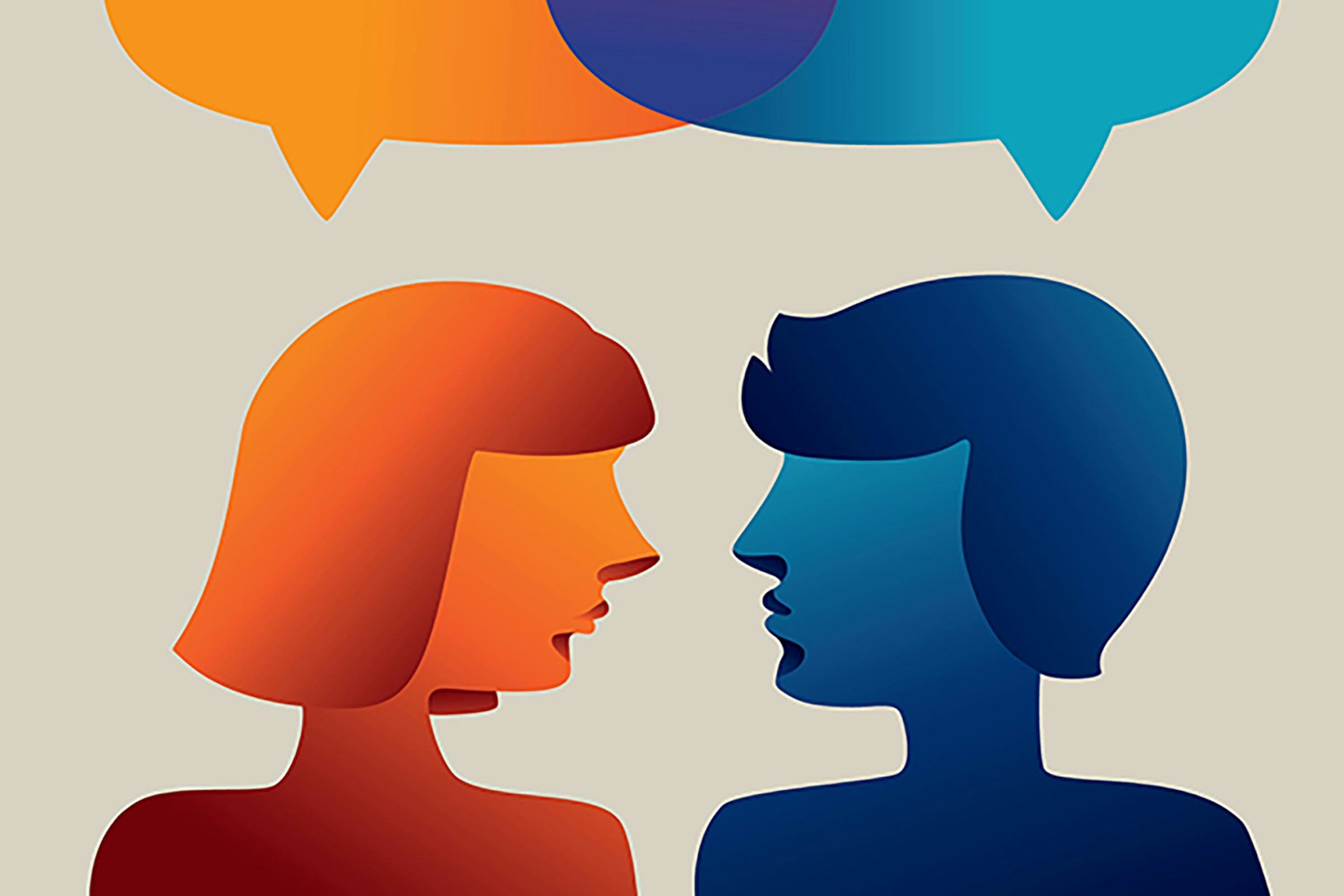 Illustration of two people speaking with word bubbles over their heads