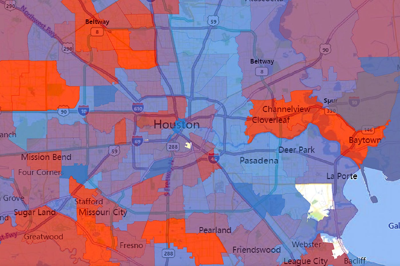 Map of Houston representing COVID-19 trends in each zip code