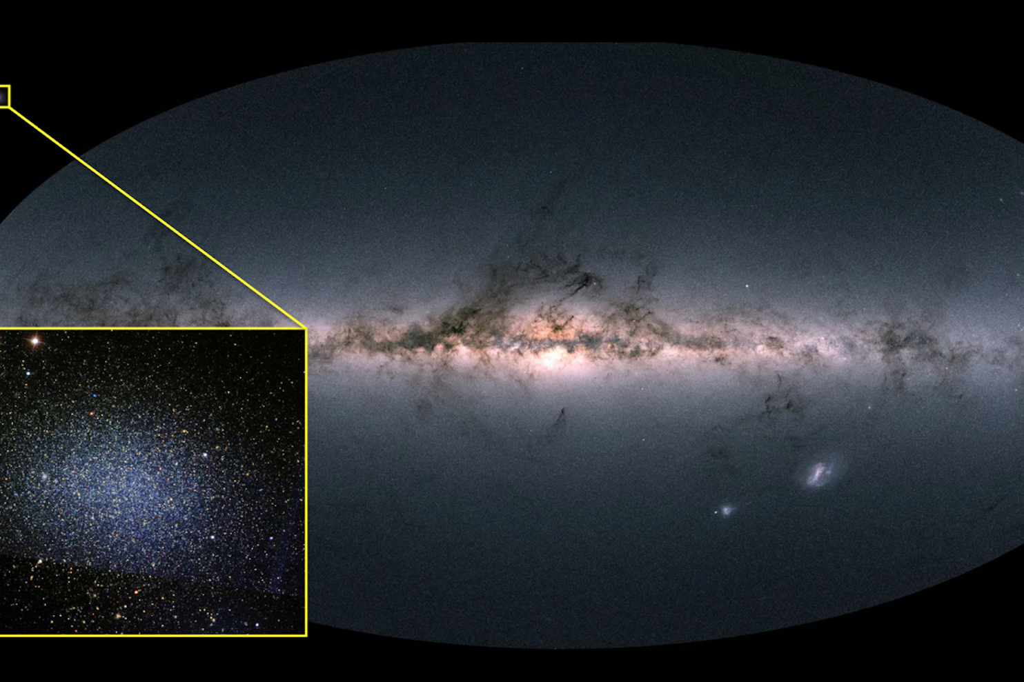 An inset within a larger picture of the Milky Way shows both luminous stars and an apparent anomoly