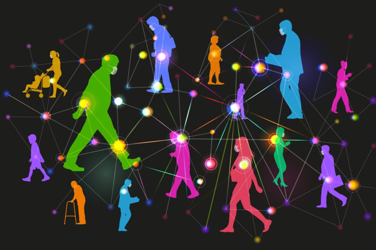 An illustration shows people of many ages joined in networks with dots representing virus