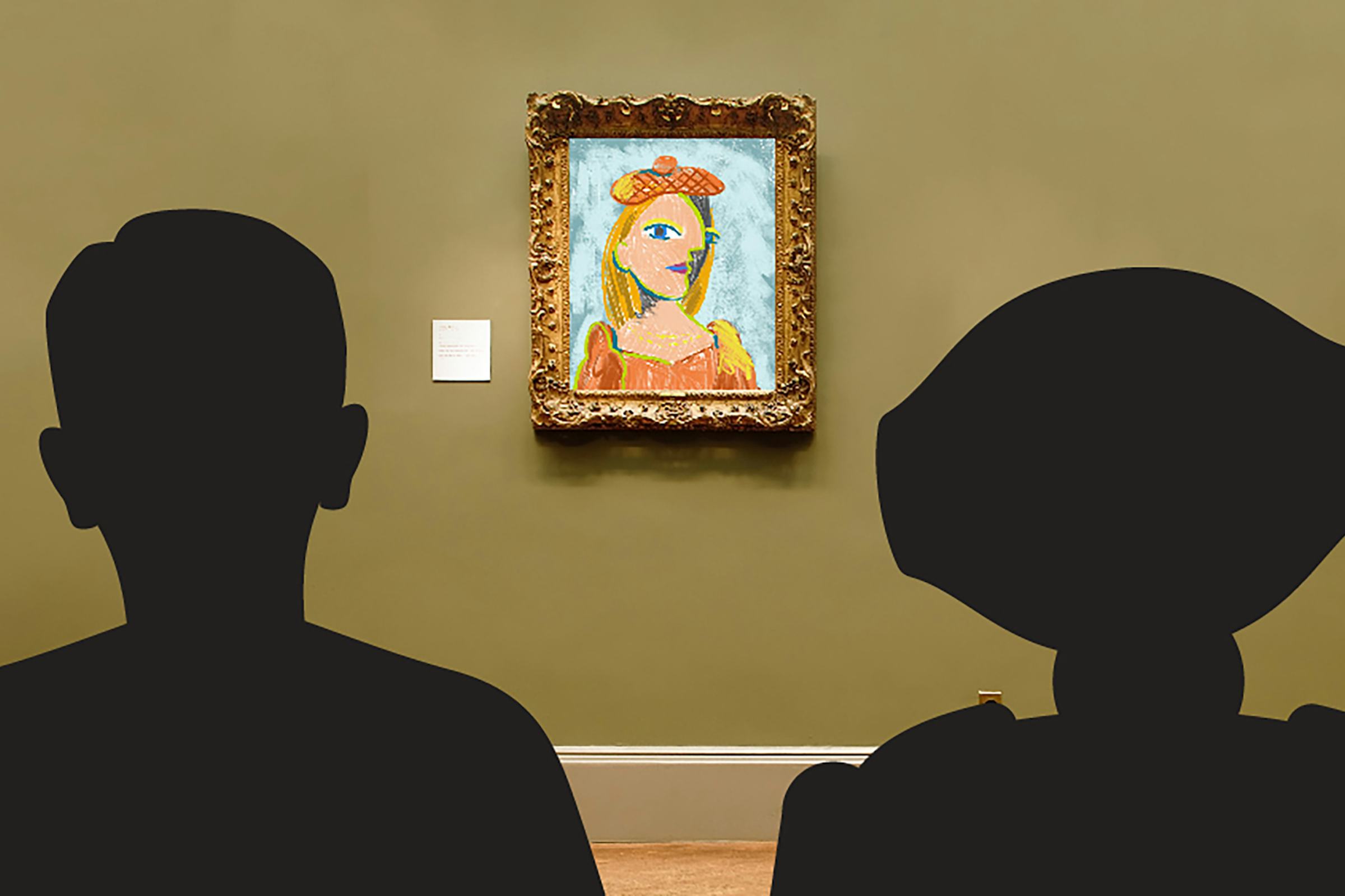 Silhouettes of a human and a robot looking at a painting in a museum