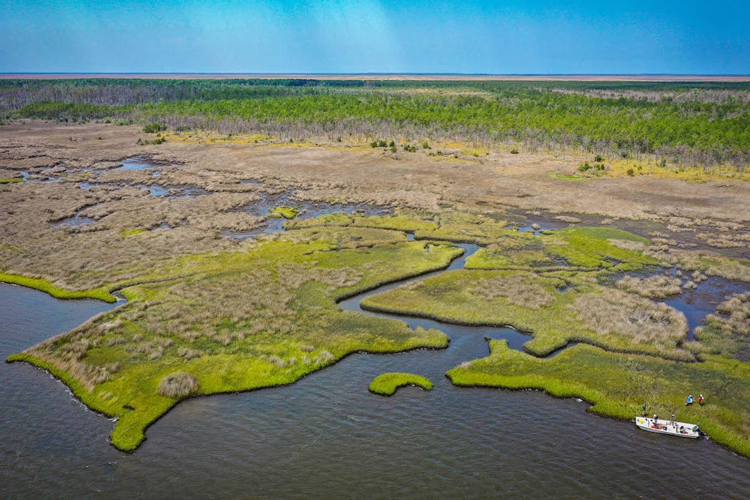 A salt marsh seen from an aerial view on a clear day with a boat in the foreground
