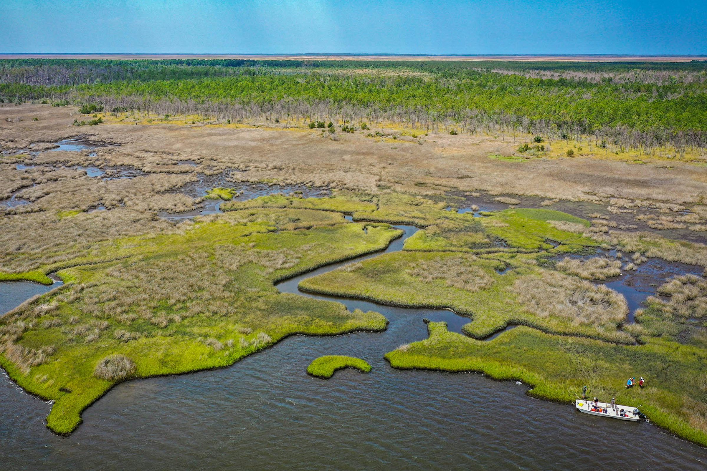 An aerial shot of a salt marsh showing land water and a vessel