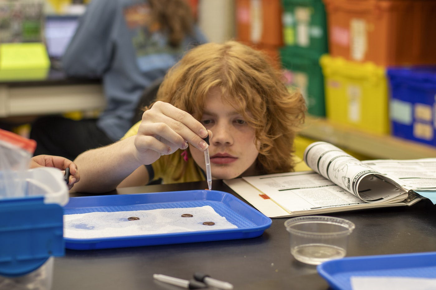 A student holds a dropper over an experiment