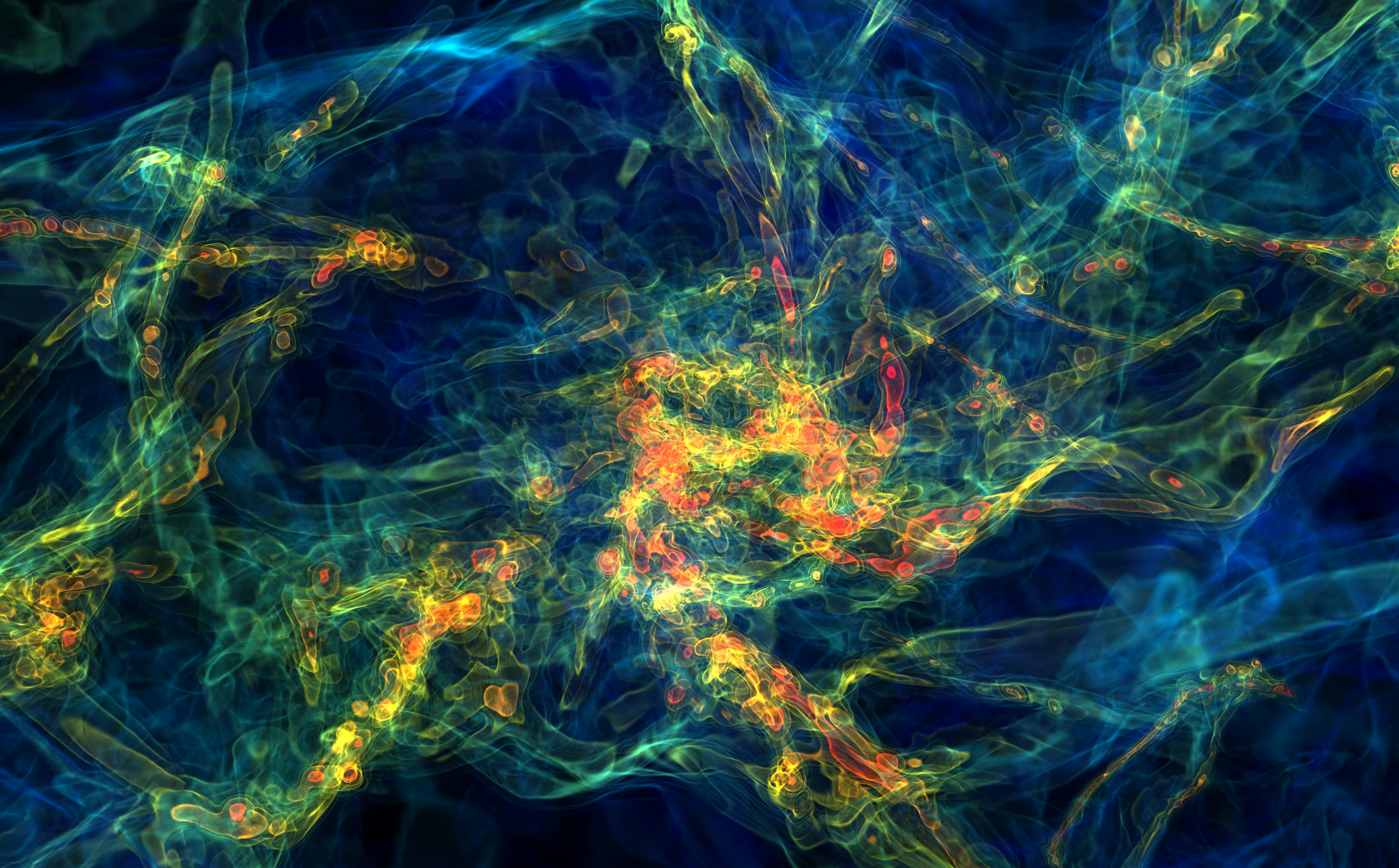 This image shows the turbulent gas structures in a three-dimensional, multi-physics supercomputer simulation during the formation of such massive clusters, with the red-to-violet rainbow spectrum representing gas at high-to-low densities. 