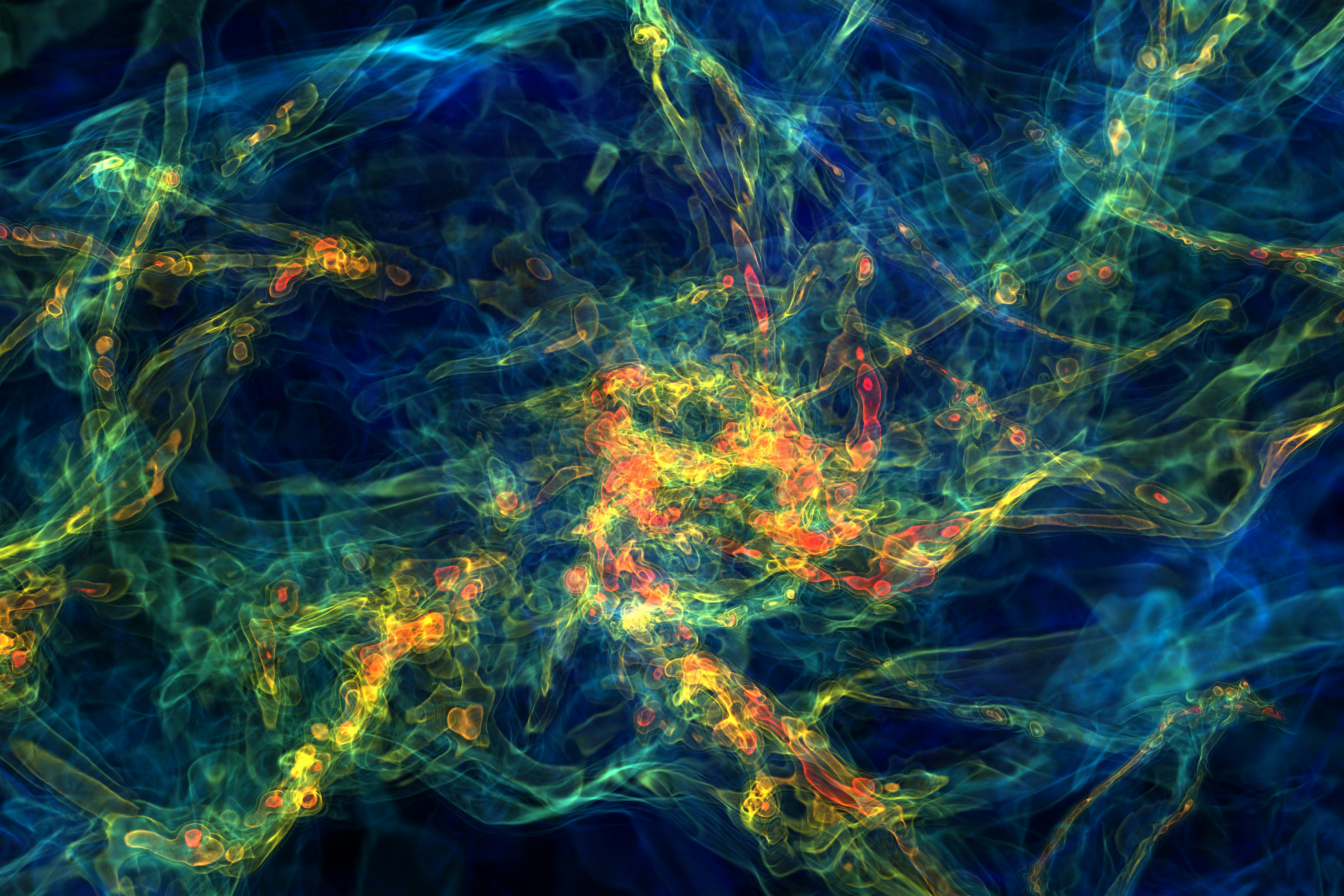 This image shows the turbulent gas structures in a three-dimensional, multi-physics supercomputer simulation during the formation of such massive clusters, with the red-to-violet rainbow spectrum representing gas at high-to-low densities. 